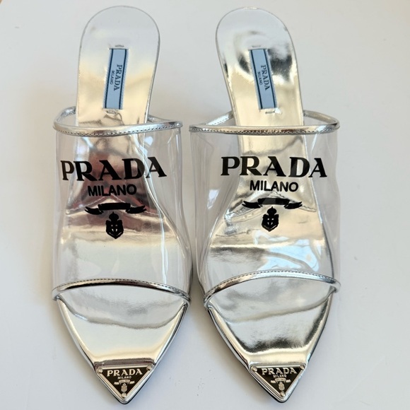 Prada Metallic silver leather logo print Pexiglas high heel slide sandals EU40.5 - Picture 7 of 15